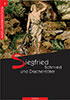 Buch Siegfried Schmied und Drachentöter. Schräg verlaufender schwarzer unterer Teil mit Titel, oben Siegfried vor dem gtöteten Drachen,  nach einem alten Gemälde.