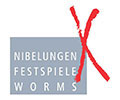Logo Nibelungenfestspiele Worms mit X an grauem Rechteck, darin in weißer Schrift Nibelungen Festspiele Worms