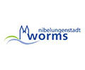Logo der Nibelungenstadt Worms, blauer Schriftzug, am W Outline der Domsilhouette